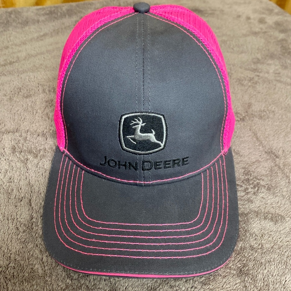 John Deere baseball style hat hot pink and grey